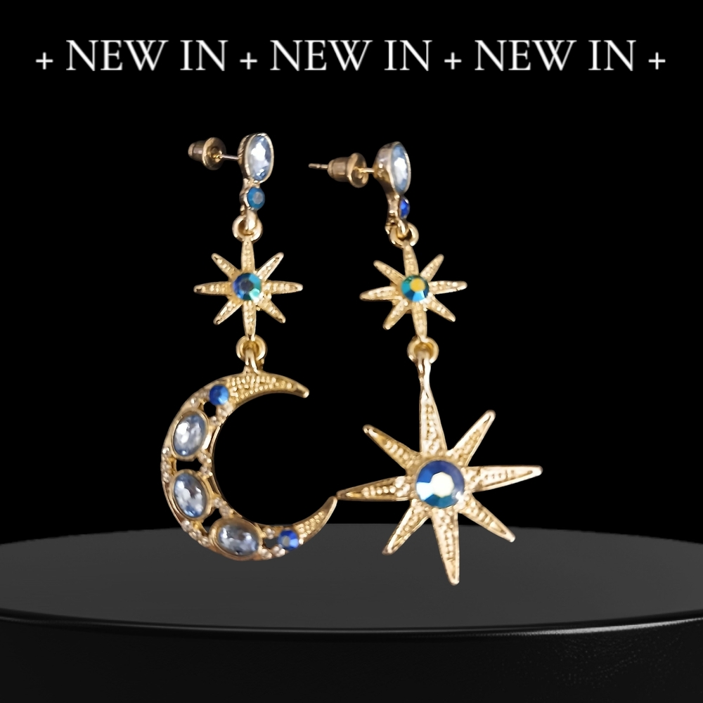 Gold Star and Moon Earrings with Blue Accents